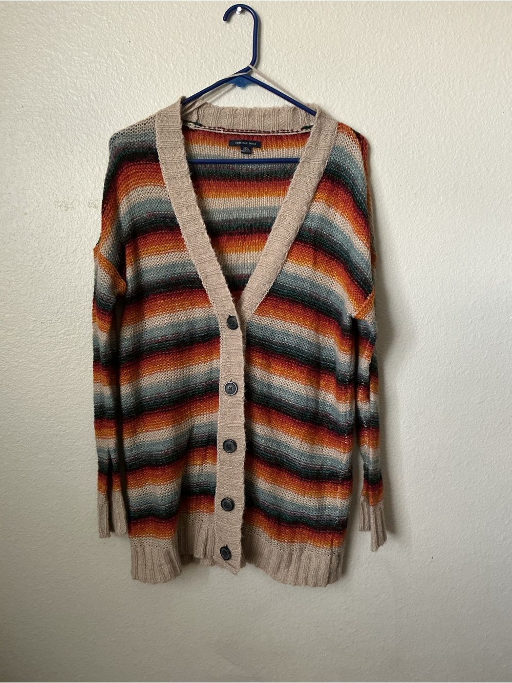 Striped V-Neck Cardigan Sweater - Beige Trim, Multicolor Stripes